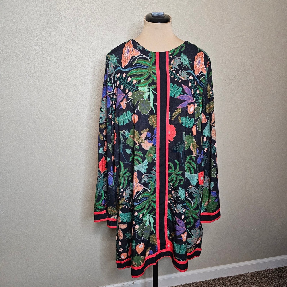 Celina Moon Botanical Tropical Floral Stripe Border Shift Dress Black Red XL